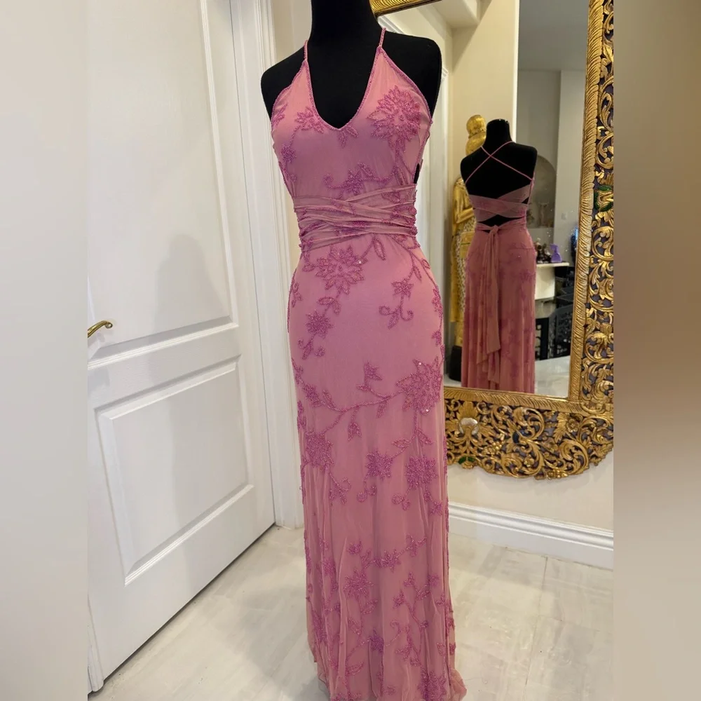 Elegant dusty Pink hand, beaded, designer Evening Gown can be worn‎ two ways